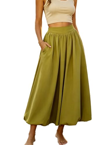 TXSP Womens Bubble Maxi Skirt Y2K Puffy Bubble Hem A-Line Balloon Skirt with Pockets Elastic Waist Skirts for Women Green L