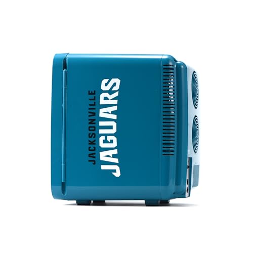 Image of Ukonic NFL Jacksonville Jaguars 15-Can Mini Fridge 10L - AC /DC Powered, Official Team Colors & Logo, Portable Cooler for Tailgates, Home, Office, or Car