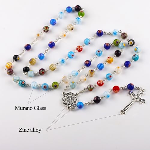 Multicolor Murano Glass Beads Catholic Rosary Necklace with Virgin Mary PU Leather Bag4