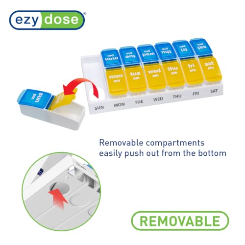 Image of Ezy Dose Weekly (7-Day) AM /PM Pill Organizer, Large Case, Blue /Yellow | Daily Vitamin & Supplement Medicine Box, Spacious Pop-Out Compartments, 2 Times a Day Pill Holder, Travel-Friendly, BPA-Free