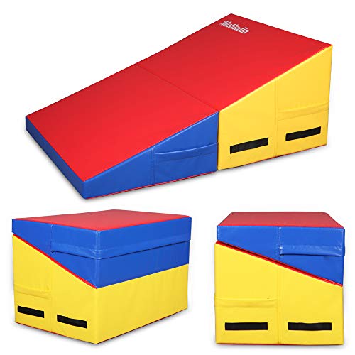 Matladin 32.7"x 23.6"x13.4" Incline Gymnastics Mat, Folding Gymnastics Cheese Wedge Mat, Gym Fitness Tumbling Skill Shape Mat for Kids Girls Home Training Exercise (Red+Yellow+Blue, Small)