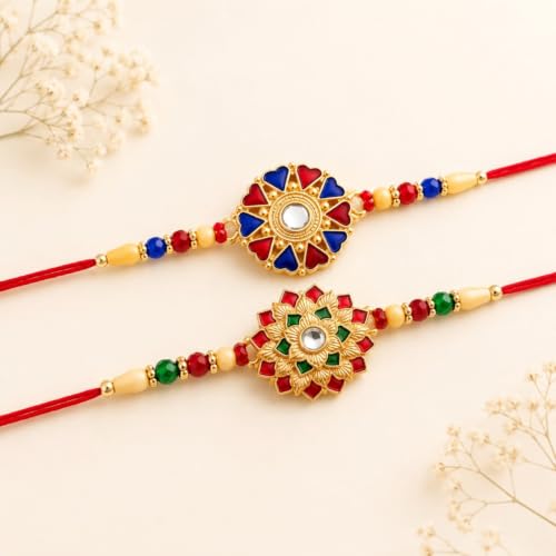 Image of DeoDap Chocolate with Rakhi Set for Brother - Golden & Siler Color Multi Design Rakhi set of 2 with Choco Coated Butterscotch (32 GM), Silver Color Coin & Greeting Card, Raksha Bandhan Combo for Bhai