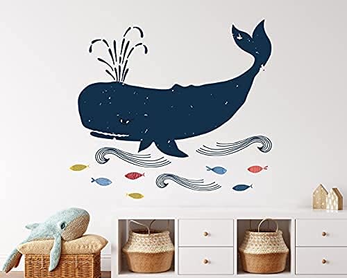 Whale Wall Decal Baby Wall Decals Nursery Watercolor Blue Whale Fishes Decal Kids Wall Stickers Children's Wall Art Mural Sticker (24"W x 22"H)