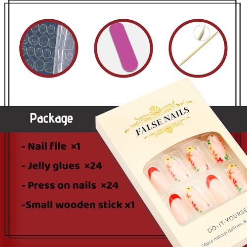SEMATA Red French Press on Nails Medium Round Nude Spring Summer Acrylic False Fake Nails Press ons Flower with Floral Design Fake Nail 24Pcs Full Cover Shiny Reusable Stick on Nail for Women — view 5