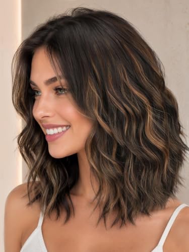 Image of Eawwii Natural Brown Blonde Wigs for Women,Short Wavy Synthetic Lace Wig