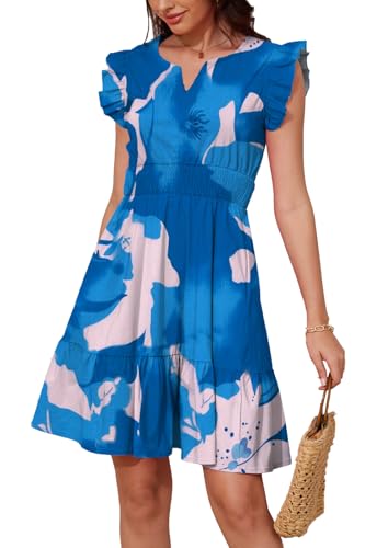 Image of Jayscreate Women's Ruffle Sleeve Layered Dress Pockets Elastic Waist 2025 V Neck Above Knee Summer Casual Cute Dress