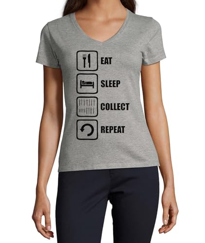 T-shirt col en V coton femme gris imprimé mode Eat Sleep Collect