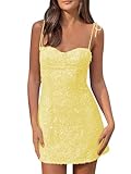 OFEECHUN Mini Tight Homecoming Dresses Yellow Spaghetti Straps Sequin Sparkly Short Birthday Party Gown Size 8