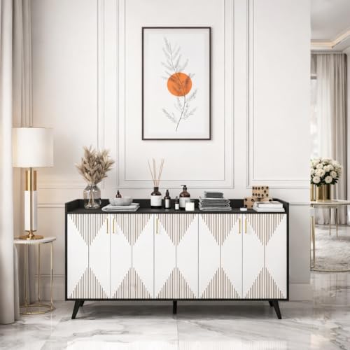 Image of Spyder Craft Mid-Century Modern 5-Door Sideboard Buffet - Geometric Diamond Pattern Credenza with Gold Hardware & Tapered Legs - Large Wood Storage Cabinet for Living Room, Dining Room- Black & White