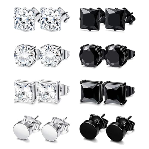 8 Paires Boucles d'Oreilles Hommes, Acier Inoxydable Boucle D'oreille Homme 6/8mm Noir Argent Clous...
