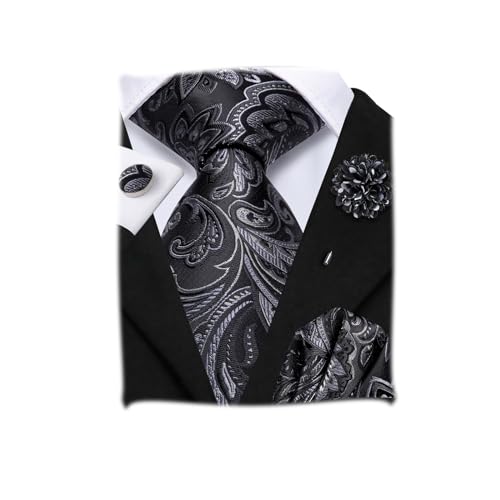 Image of Hi-Tie Paisley Black Sliver Ties for Men Silk Jacquard Necktie Lapel Pin Pocket Square Cufflinks Sets Formal Business Wedding