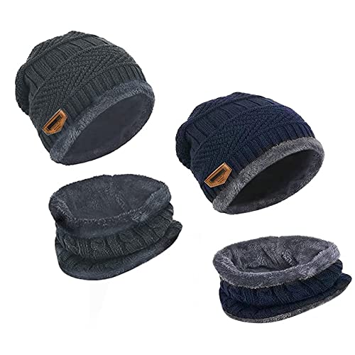 HLFMQZEI 4 Winter Warme Mütze Beanie Schal Set, Wintermütze und Loop Schal,2 Warme Strickmütze + 2 Halswärmer,Beanie Hut mit Schal Set,Unisex Winter Warme Set Cover
