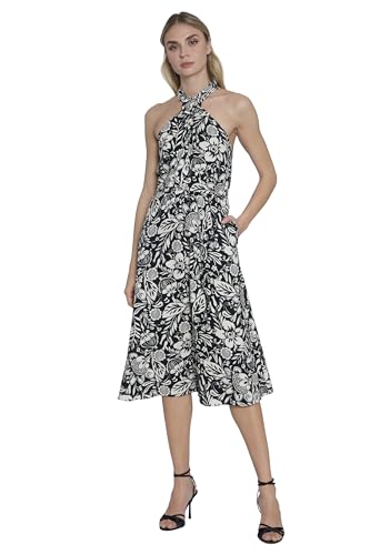 Image of Maggy London Women's Dresses Tropical Floral Print Halter Midi Dress with Cinched Waist