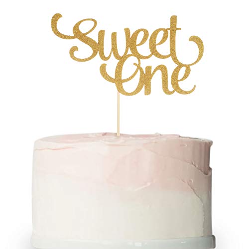 1St Birthday Gold Cake Topper - Glitter Sweet One Cake Topper For Photo Booth Props, Single-Sided First Anniversary Party Shower Cake Smash Decorating