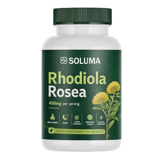 Soluma Rhodiola Rosea Organic Natural Adaptogen Supplement with Bioperine Energy Stress and Mental Focus Support 60 Capsules