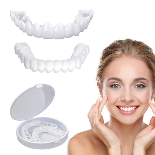 DWFEYOI 1 Pairs Faccette Denti Denti in Silicone, Cosmetici Dentiere Smile Bianchi Per Un Sorriso Perfetto Dentiera Copri-Denti Superiore E Inferiore Uso Quotidiano Cosmetica Con Scatola
