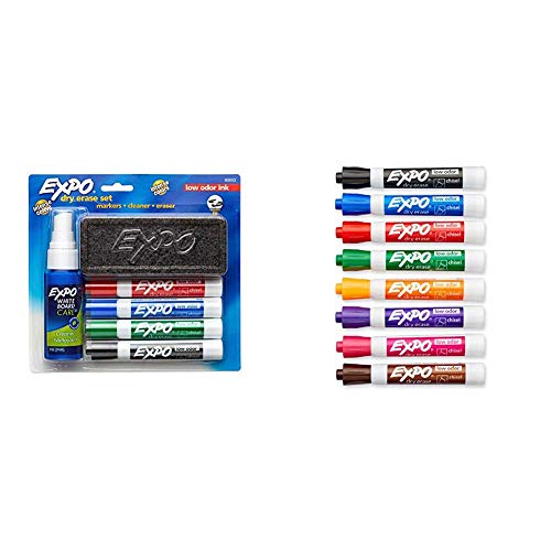 EXPO Dry Erase Marker Starter Set, Chisel Tip, Assorted Colors, 6 Piece & Low Odor Dry Erase Markers, Chisel Tip, Assorted Colors, 8 Pack