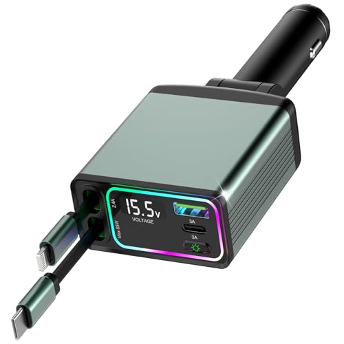 4 in 1 Retractable Car Charger, USB C Car Accessories Adapter for iPhone, Fast Charging with 2.62ft Cords, Road Trip Essentials and Travel Gifts for iPhone 16/15/14/13/12 Series, iPad, Galaxy, Pixel