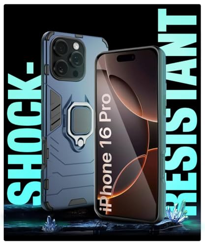Image of WOW IMAGINE Shock Proof Back Case Mobile Cover for iPhone 16 Pro | Back Cover Case (Tough Armor | Hybrid PC + TPU | Ring Holder & in-Built Kickstand | Blue)