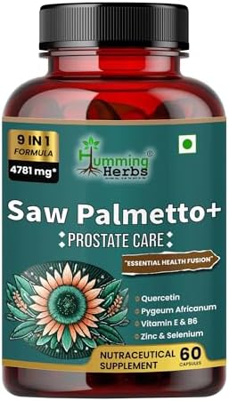 Humming Herbs Saw Palmetto Plus Urinary Support - Enhanced Formula with Quercetin, Turmeric, Pygeum, Vitamins E & B6, Zinc, Selenium for Men's Health - Veg Capsules - Herbal Supplement