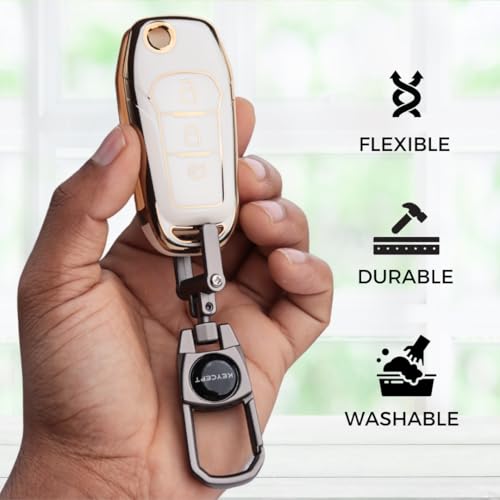 Image of KEYCEPT Gold Line TPU Key Cover Compatible for Ford Figo | Aspire | Endeavour | 3 Button Flip Key with Keychain. (Type 2, White)