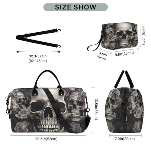 Large Travel Duffel Bag, Rose and Skulls Sports Tote Gym Bag, Shoulder Weekender Overnight Bag for Women Men, Carry On Luggage with Toiletry Bags3
