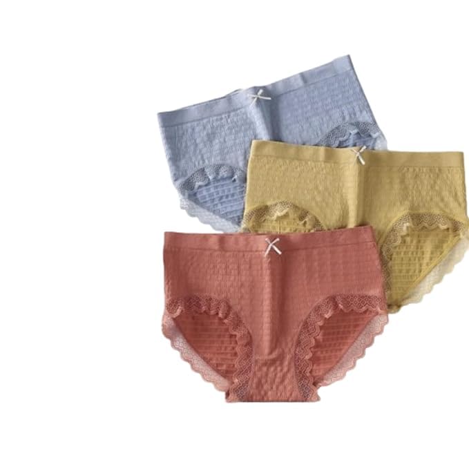 Seamless Mid Waist Panty Traceless Japanese Girls Underwear Ladies Cotton Crotch Skin Friendly Antibacterial Breathable Lace Edge Free Size (Multicolor) (Pack of 3)
