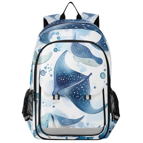 Watercolor Stingray Fish Backpack Kids School Bag Lightweight Laptop Backpack Elementary Capacity Student Bookbags for Travel Daypack with Reflective Stripes