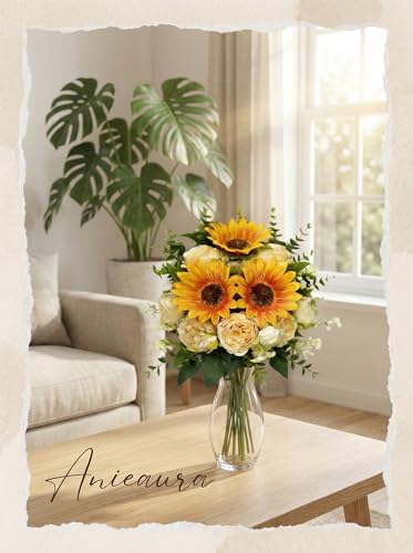 Anieaura Artificial Sunflower Bouquet with Peony Flowers Silk Sunflowers Realistic Arrangement for Table Centerpieces Faux Sunflower Decor for Wedding Home Kitchen Office Vase Decoration