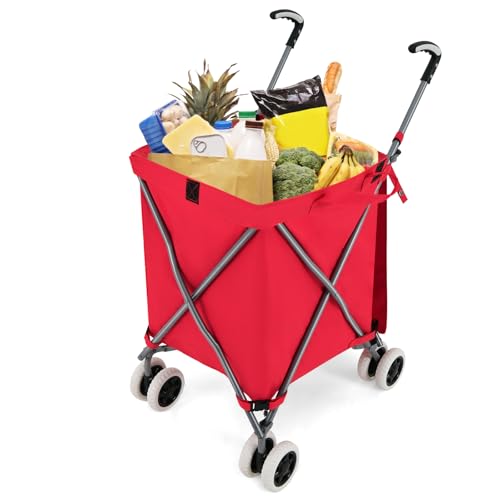GYMAX Carro de la Compra Plegable, Carga de 50 kg/90 L, Carro Compra 4 Ruedas con Asa en Forma de L, Tejido Oxford Impermeable y Cubierta, para Compras, Camping (Rojo)