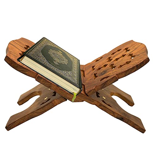 Image of Naayaab Craft Handmade & Handcraft Rehal Sheesham Wood Holy Book Stand Holder for Bible, Geeta, Quran in Folding and Carved Design Book Holder Display Stand - Size (13 Inch)