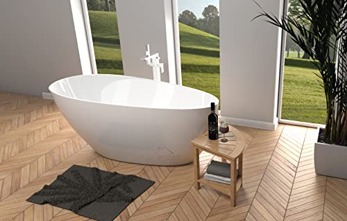 ECOLAM® exklusive freistehende Badewanne Standbadewanne moderne Wanne freistehend Goya + Ecktisch Bambus Costa + Ablaufgarnitur Click Clack Design Mineralguss 160x70 cm glamour weiß