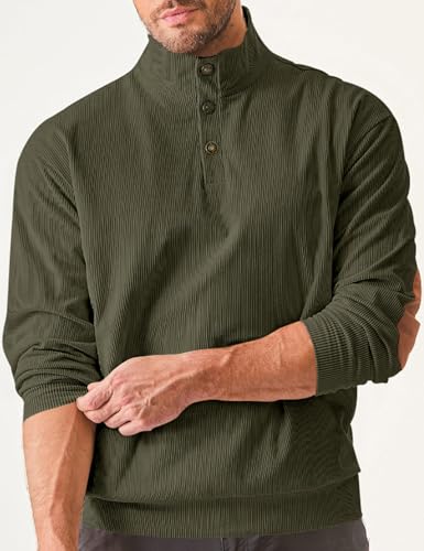 COZYPOIN Men's Corduroy Sweatshirts Casual Stand Collar Button Long Sleeve Henley Pullover Sweater with Elbow Patches(ArmyGreen-M)2