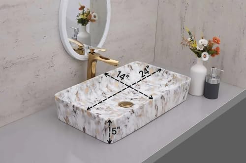 Image of QUALITO Designer Table Top Wash Basin for Bathroom, Living Room, Hall, Dinning Room | Big Size Ceramic Vessel Sink /Basin | Glossy Finish Marble Vanity Basin (24x14x5 Inch, Luxury)