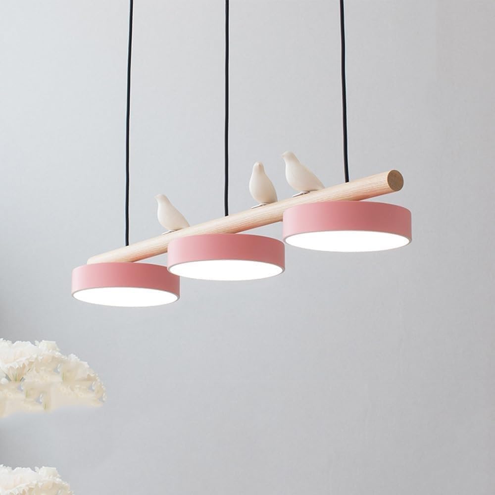 3-Lights Modern Led Linear Light E27 Dining Room Table Dimmable Long Strip Chandelier Nordic Bird Decorate Wood Hanging Lamp for Kitchen Island,Yellow/Pink