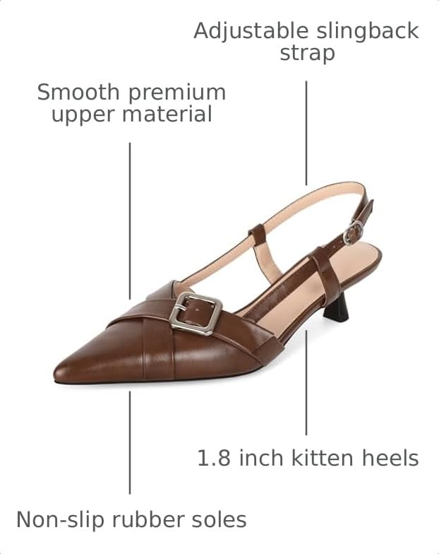 Image of Esvowido Women Slingback Kitten Heels Pointed Toe Low Heel Pumps Adjustable Buckle Straps for Work Party Casual Outfit