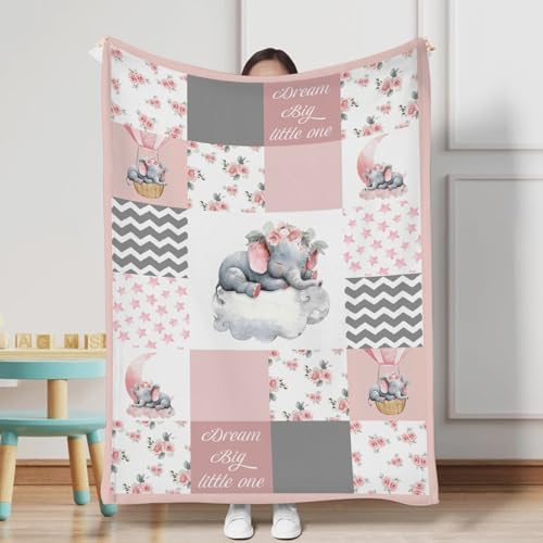 Image of HawSkgFub Pink Elephant Rose Floral Baby Blanket Girls Shower Gift, Dream Big Little One Flannel Fleece Nursery Bed Receiving Swaddle, Soft Lightweight Newborn Infant Toddler Kids Crib Bedding 30 x 40