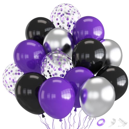 Image of Black Purple Silver Balloon, 70-pack Purple Balloons for Birthday Graduation