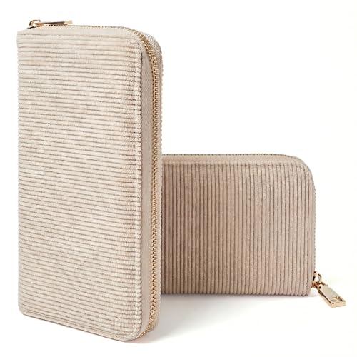 MillyMilk® Fondo Large – Großer Damen Cord Geldbeutel – Stoff Portemonnaie Vegan mit viel Platz für Karten, Münzen & Scheine – Formstabile Damenbörse mit Reißverschluss – Organizer Geldbörse (BEIGE)