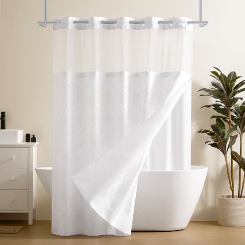 downluxe No Hook Shower Curtain with Snap in Liner, White Waffle Fabric