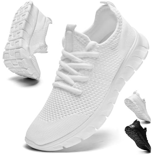 RGTYEK Mens Tennis Running Sneakers Slip on Walking Gym White Size 9.5 Non Slip Work Shoe Lightweight Breathable Casual Athletic Workout Shoes