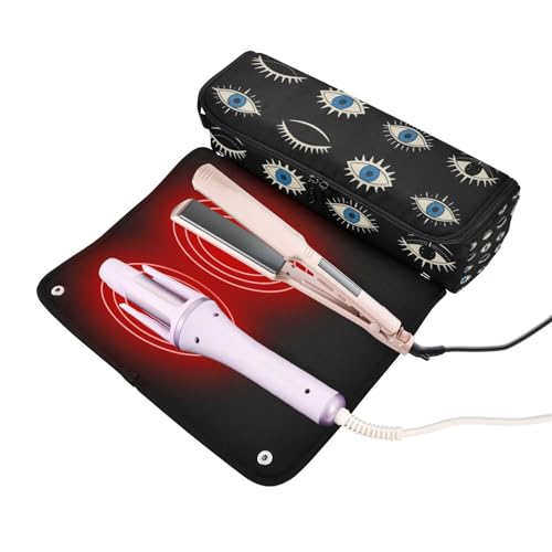Bolsa de viaje para herramientas de cabello para mujeres con tapete resistente al calor y soporte para planchas y rizadores, diseño azul con patrón de ojo maligno negro miniatura 2