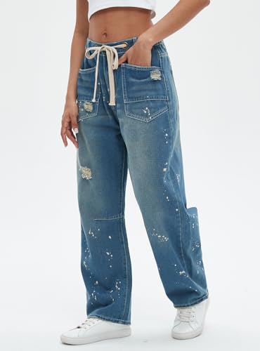 Ladyful Women's Wide Leg Baggy Jeans Drawstring Elastic Mid Rise Denim Pants Vintage Distressed Jeans2