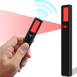 Hand holding infrared thermometer with wireless signal illustration.