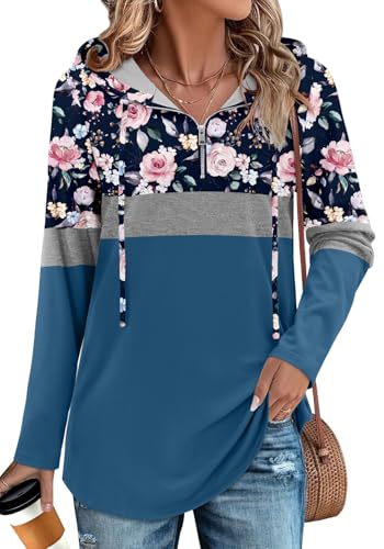 BETTE BOUTIK Womens Quarter Zip Tunic Hoodies Pullover Long Hooded Sweatshirts S-3XL