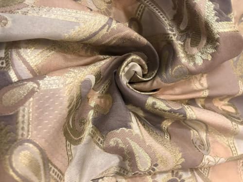 Tissu brocart de soie lilas au mètre jacquard rose or métallique BRO1114