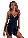 SweatyRocks Women's Lingerie Velvet Nightgown Lace Slip Sleepwear Dress Deep Blue S