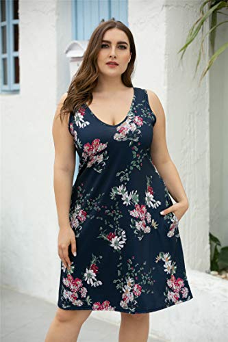 Image of Women Plus Size V Neck Sleeveless Floral Print Pocket T Shirt Dresses Casual Midi Tank Dress Beach Cover up Sundress (XL-5X)