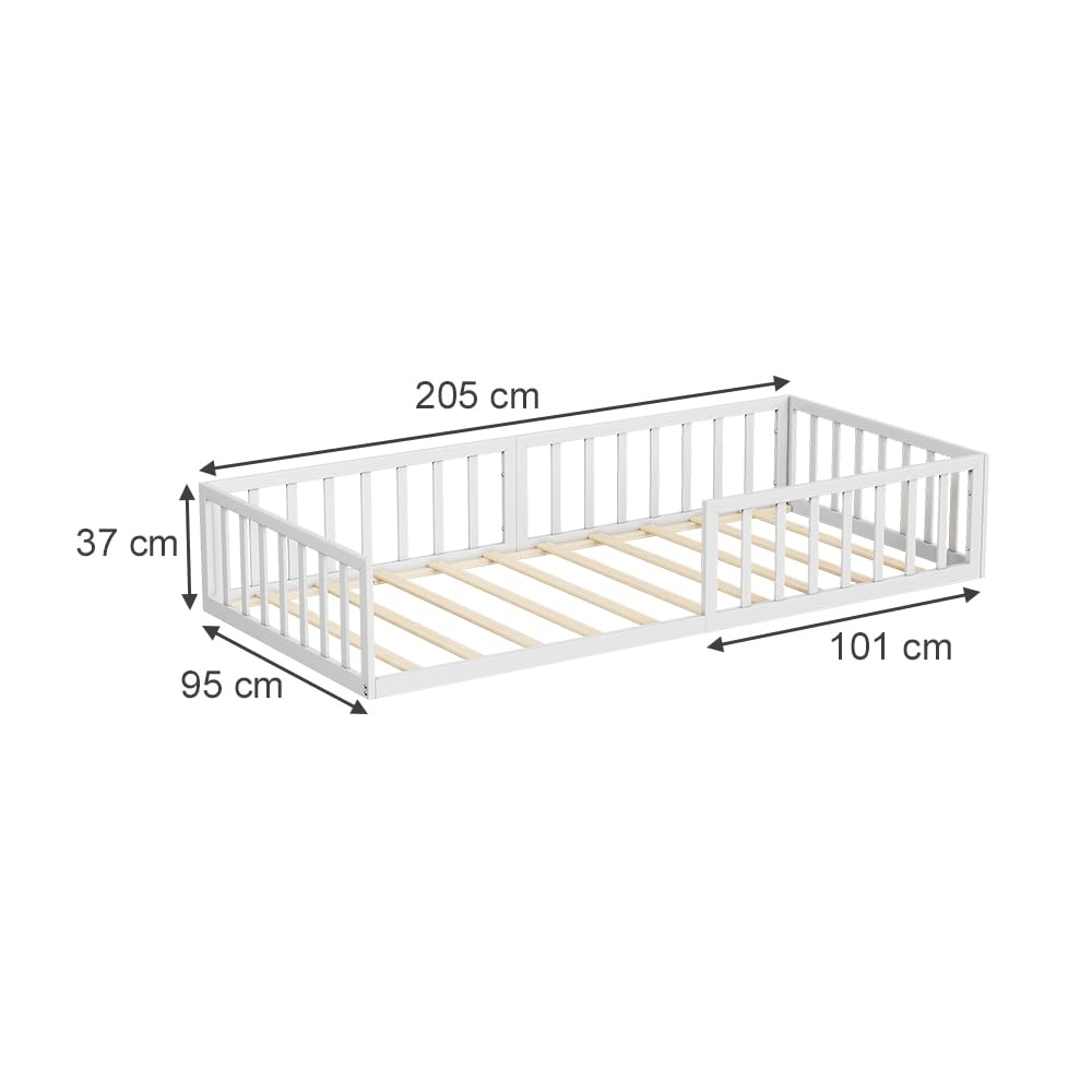 VitaliSpa Lit au Sol Minno 90x200, lit Enfant en métal, lit Montessori avec barrière de sécurité, Faible Hauteur d’accès, Blanc