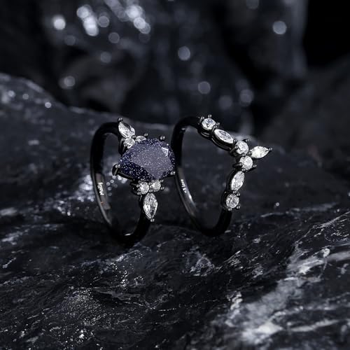 Elegant Blue Sandstone Women's Wedding & Engagement Ring Set with Custom Engraving Options3